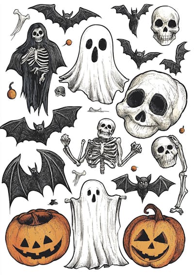 Um desenho detalhado de vários símbolos do Halloween_156