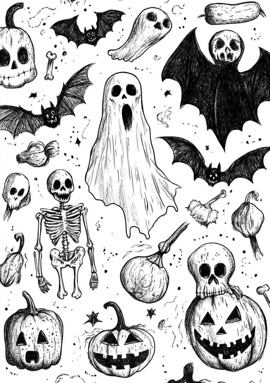 Ilustrações de Halloween em preto e branco