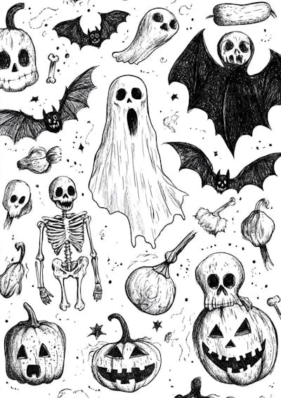 Um desenho detalhado de vários símbolos do Halloween_160