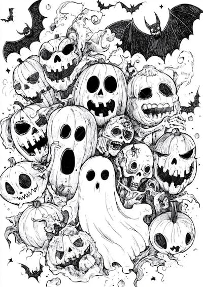 Um desenho detalhado de vários símbolos do Halloween_128