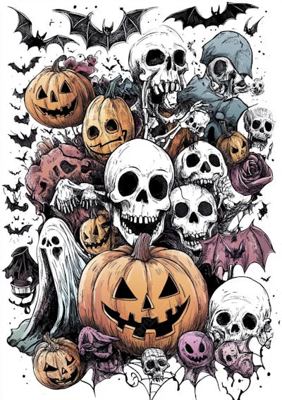Um desenho detalhado de vários símbolos do Halloween_134