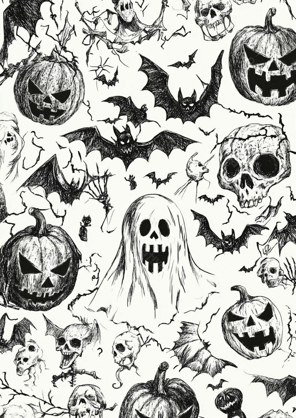 Um desenho detalhado de vários símbolos do Halloween_158
