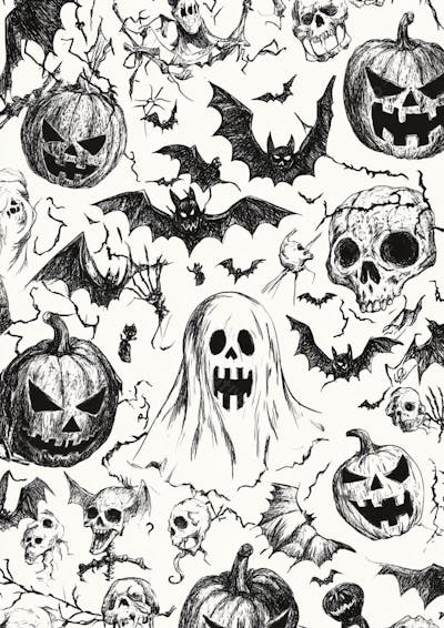 Um desenho detalhado de vários símbolos do Halloween_158