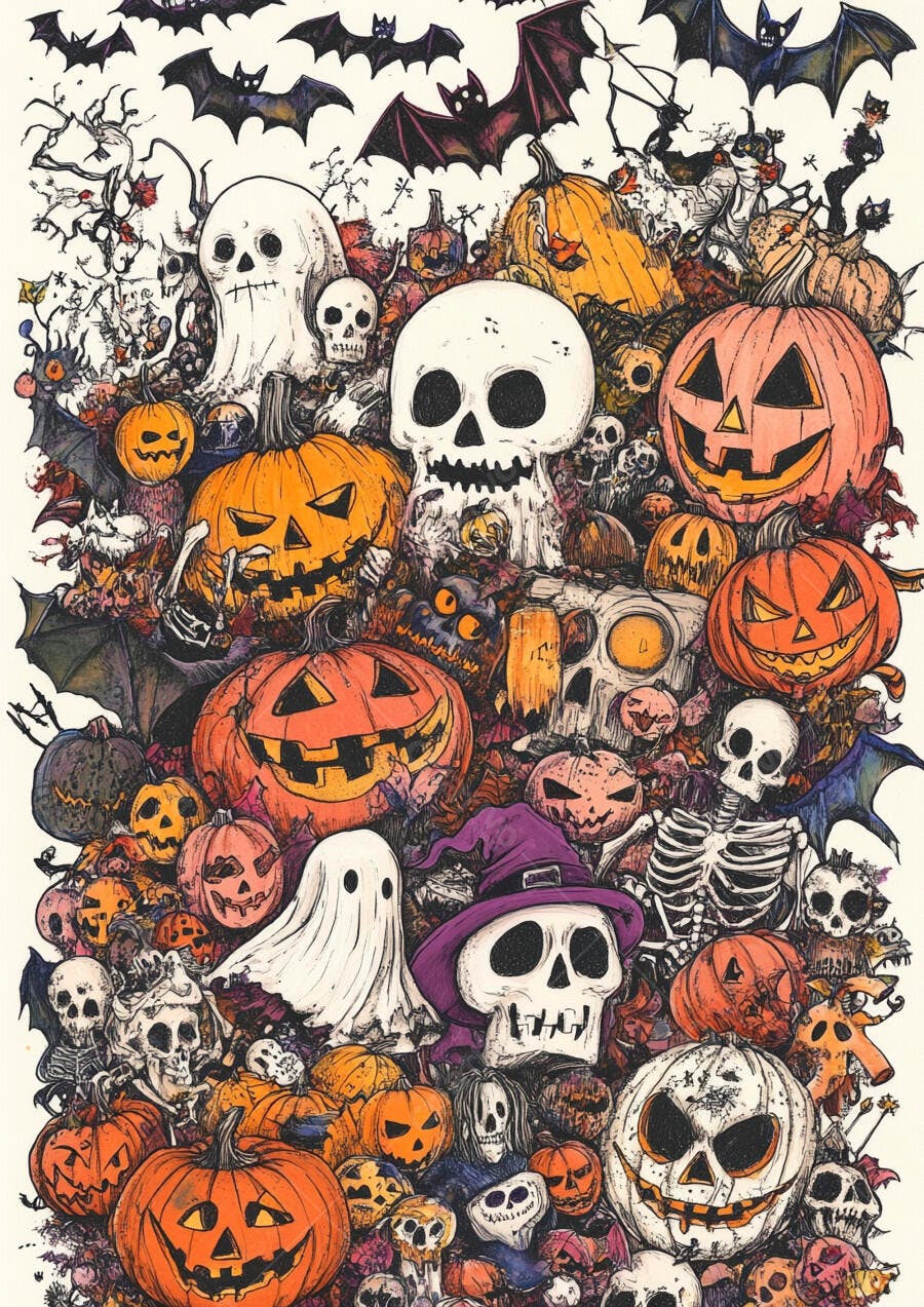 Ilustração Halloween Abóboras Caveiras Fantasmas
