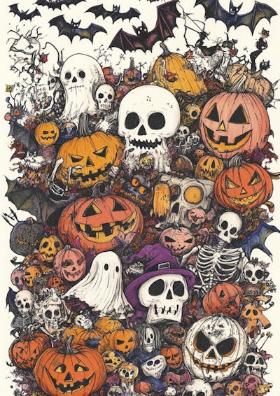 Um desenho detalhado de vários símbolos do Halloween_126