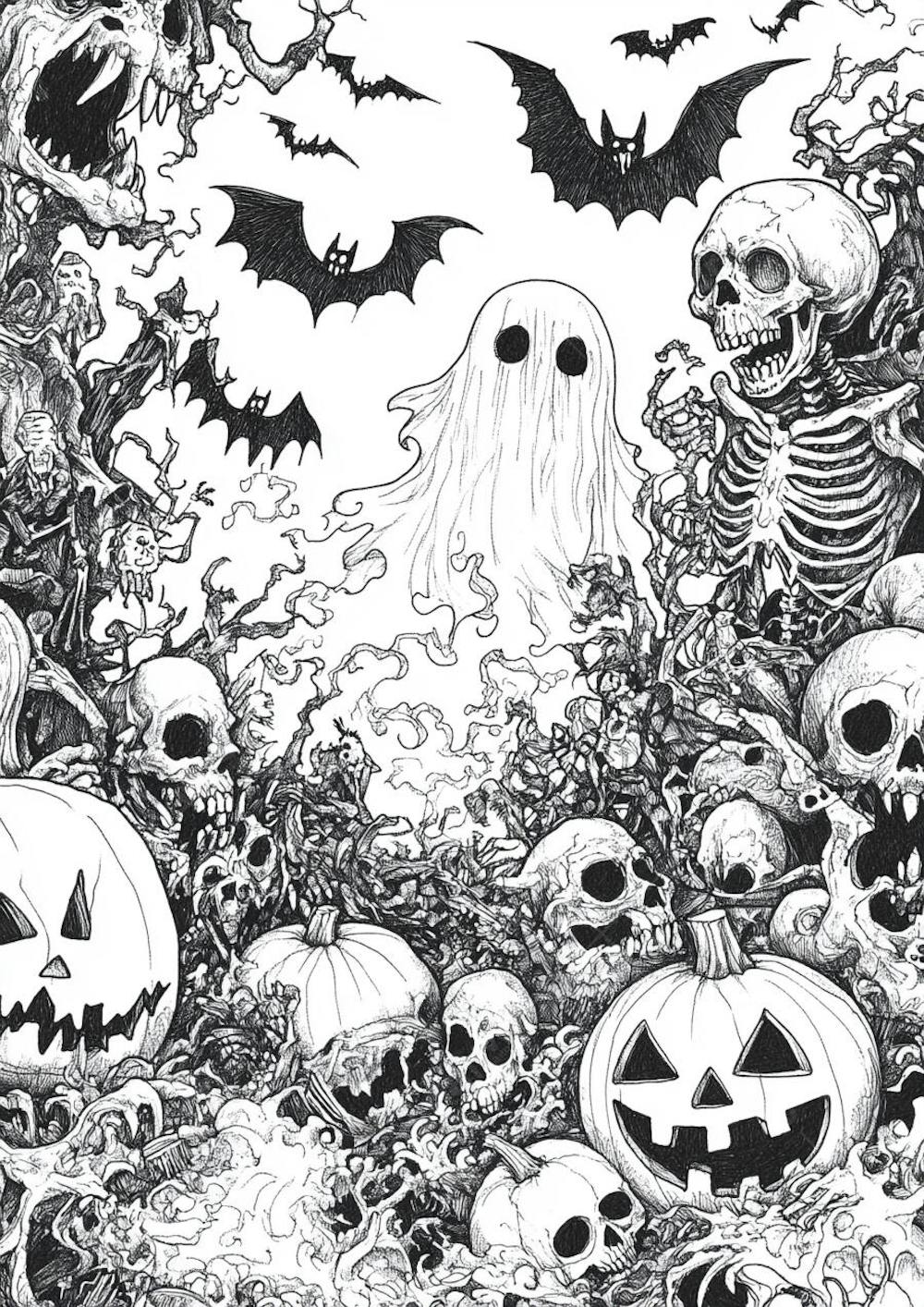Um desenho detalhado de vários símbolos do Halloween_149