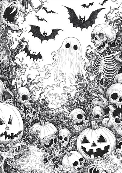 Um desenho detalhado de vários símbolos do Halloween_149