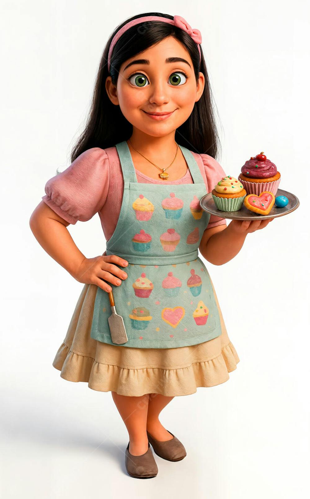 Personagem 3D feminina segurando cupcakes com avental de confeiteira