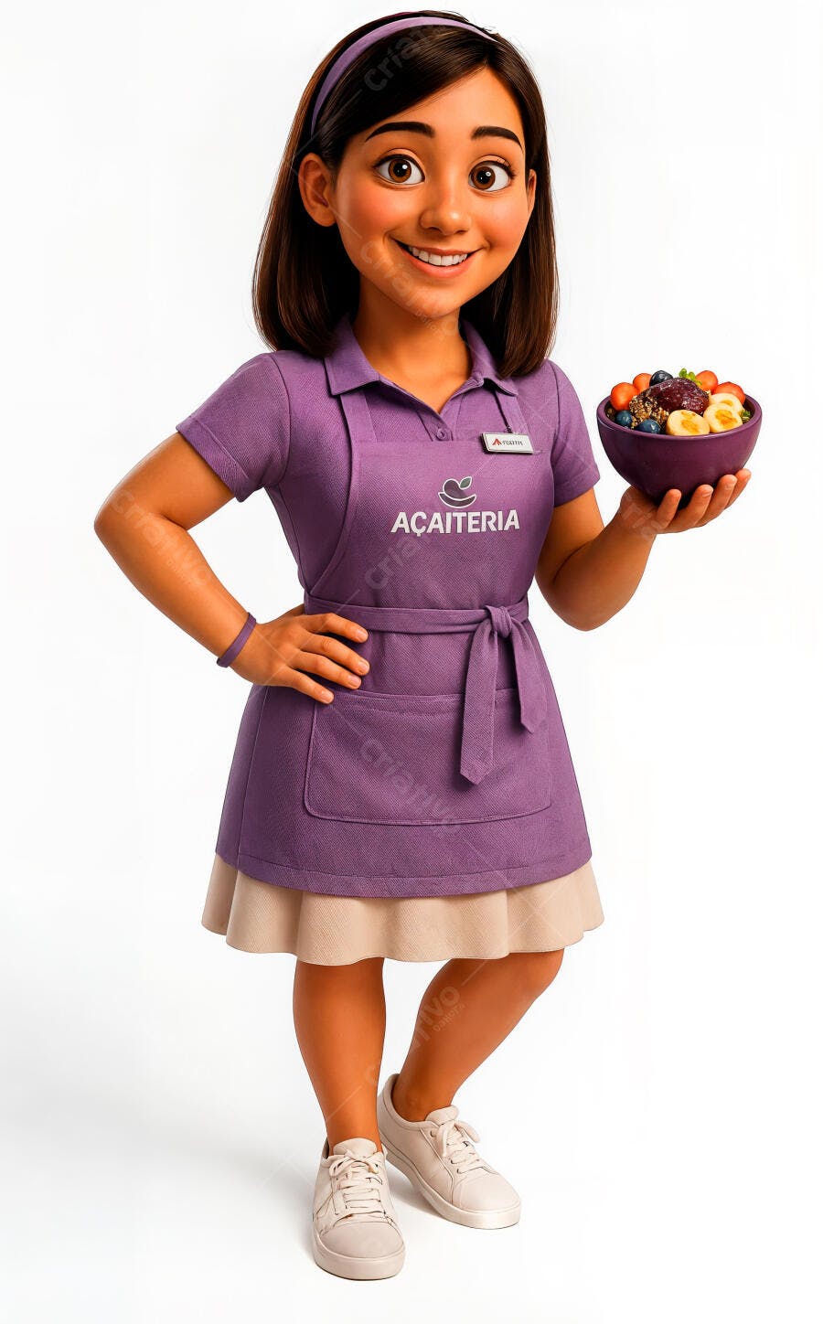Atendente sorrindo com açaí em tigela roxa