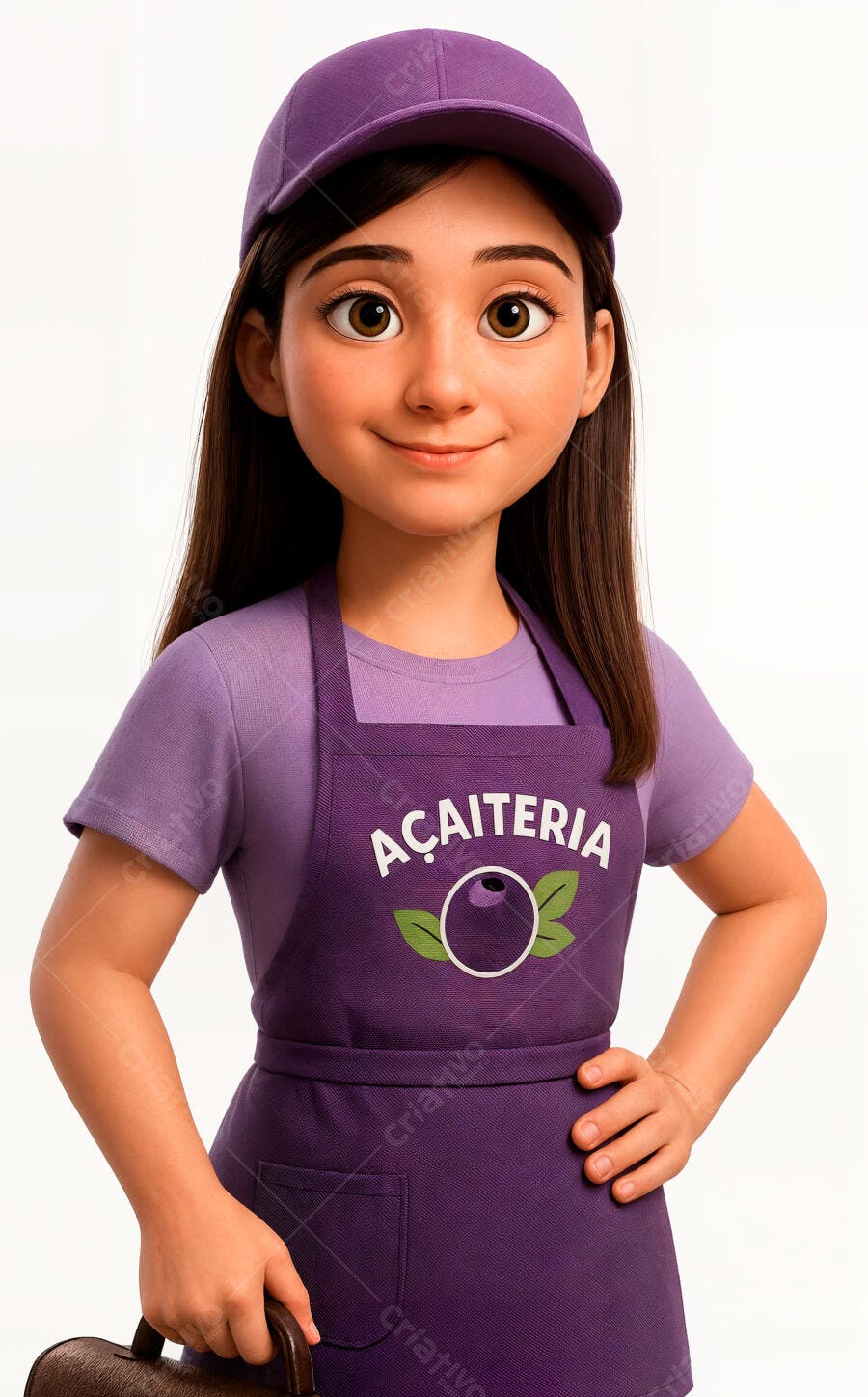 Menina sorridente em uniforme roxo de açaiteria