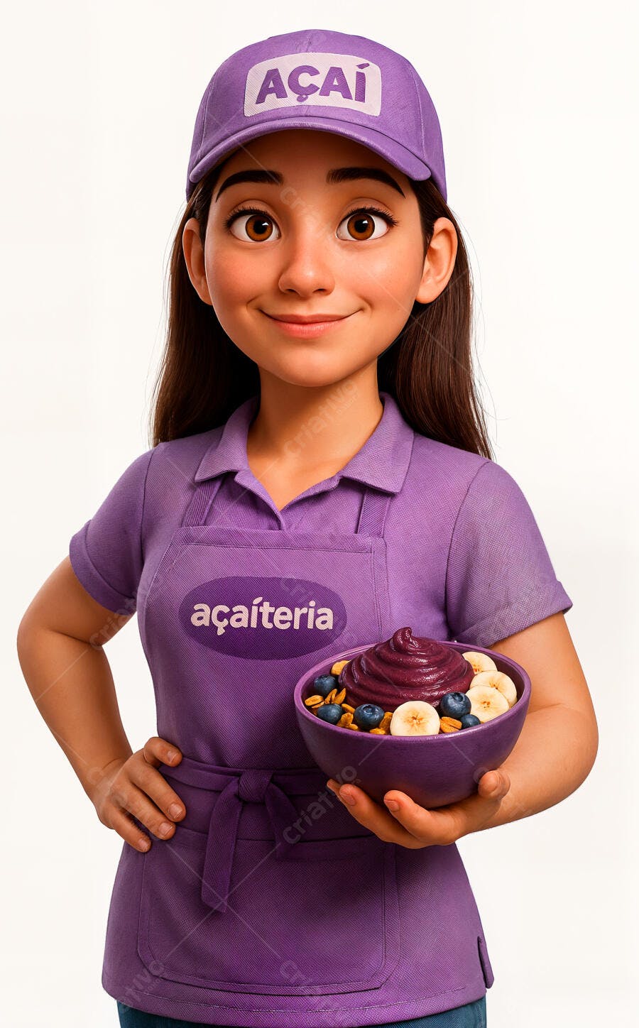 Atendente sorrindo com Açaí em tigela