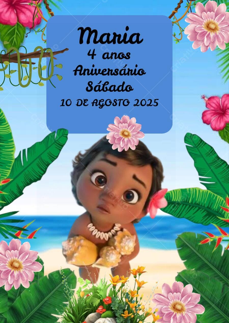Convite Aniversário Infantil Moana Bebê Tropical Editável no Canva