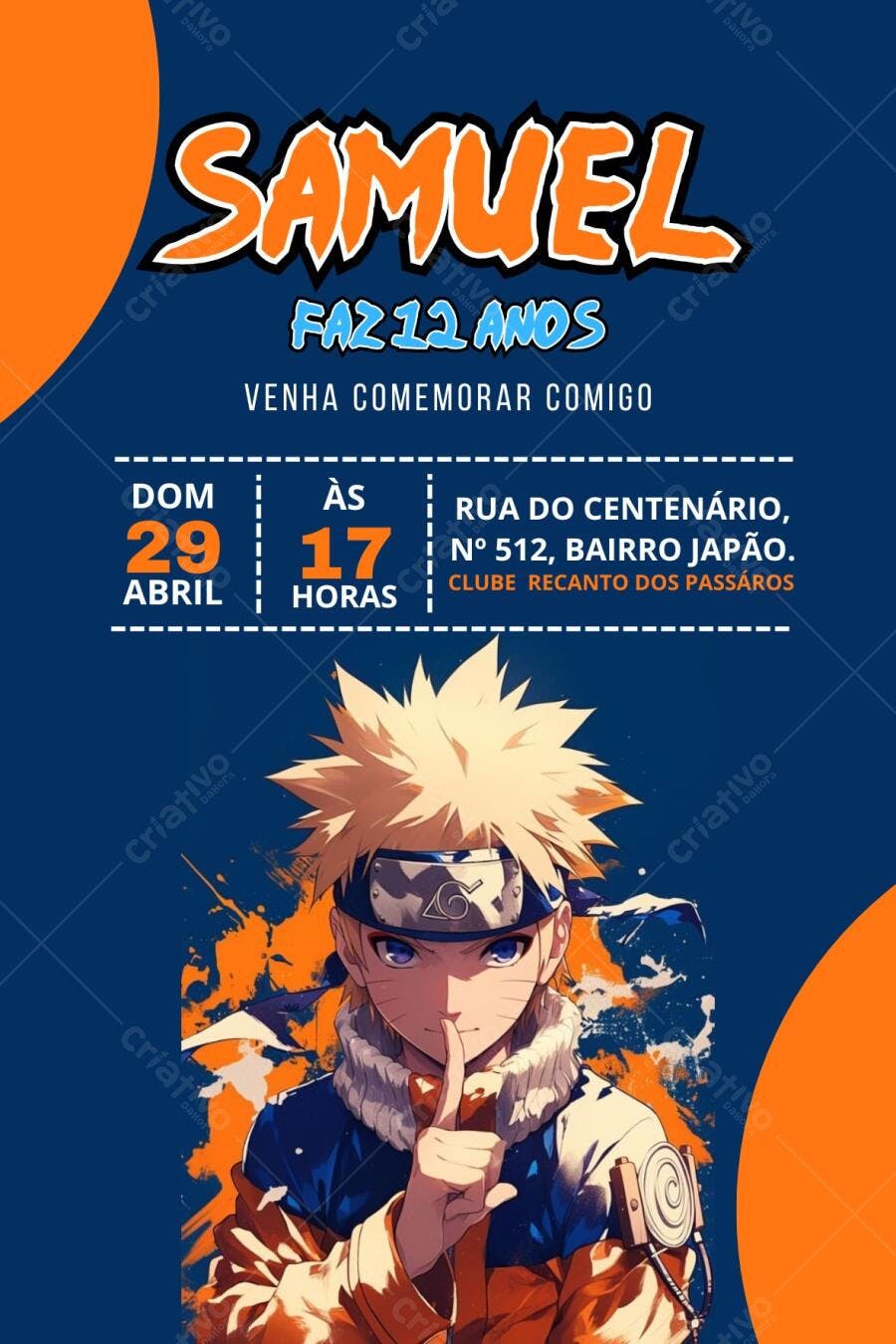 Convite de aniversário Naruto 12 anos Editável no Canva