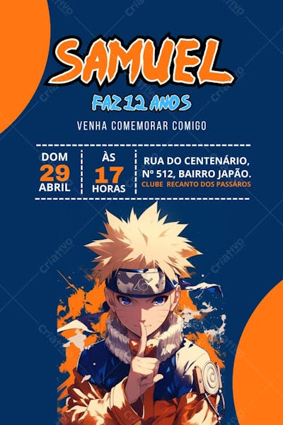 Convite de Aniversário Infantil Tema Naruto Canva