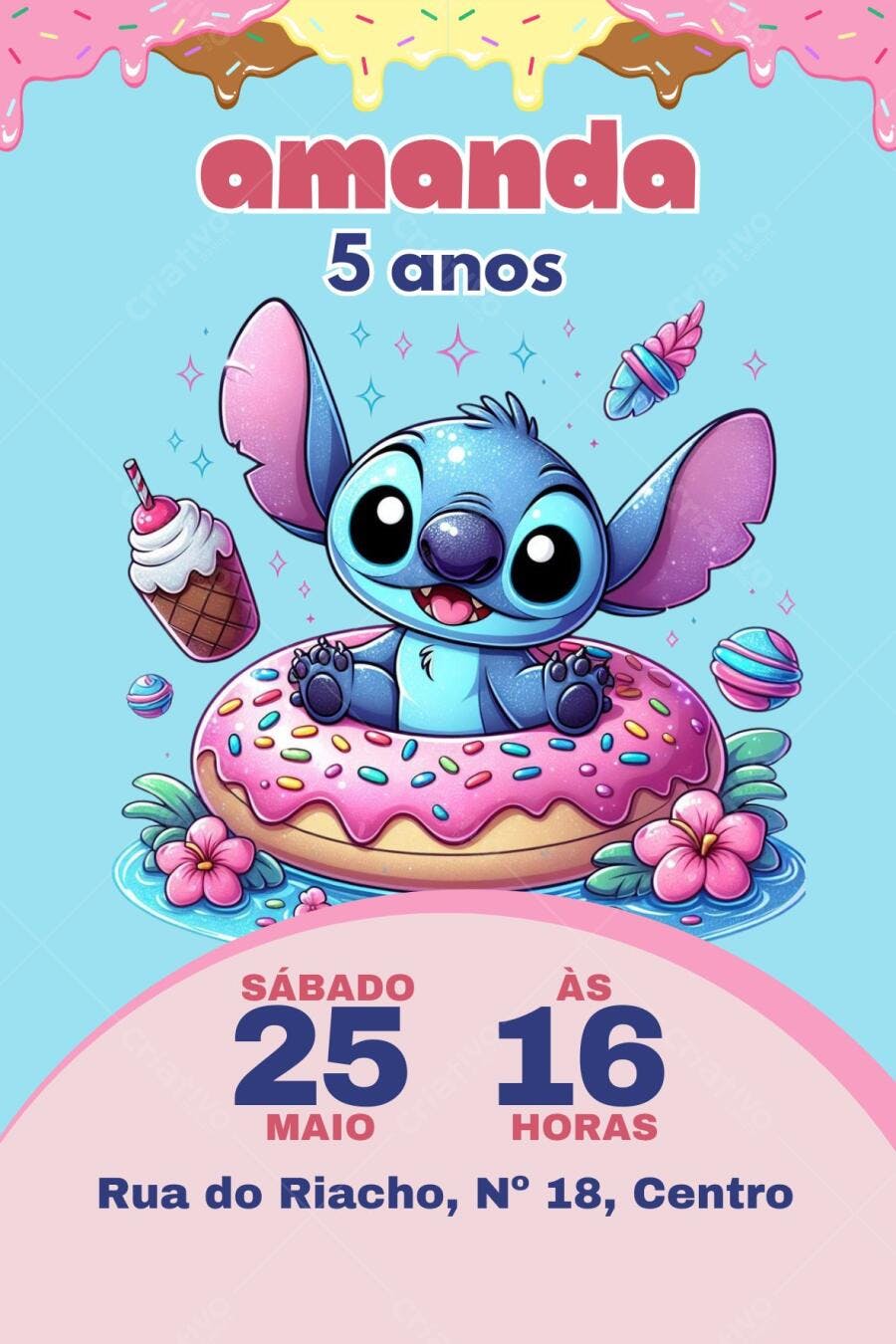 Convite de Aniversário Infantil Stitch com Donuts Editável no Canva