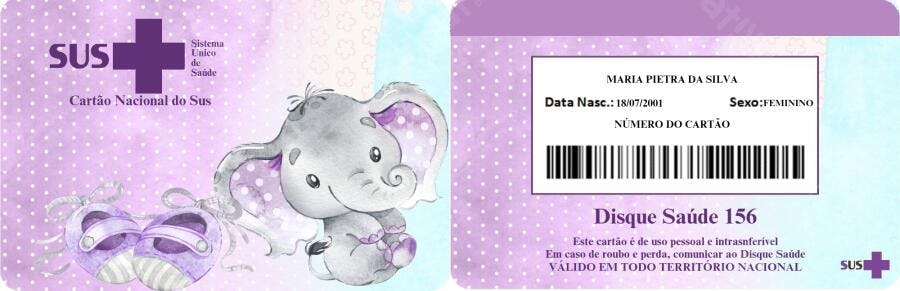 Cartão SUS Bebê Elefante Lilás Editável no Canva