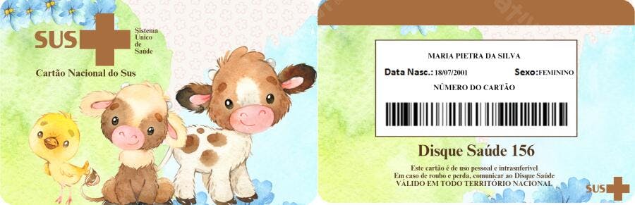 Cartão SUS Infantil com Desenhos de Animais Editável no Canva