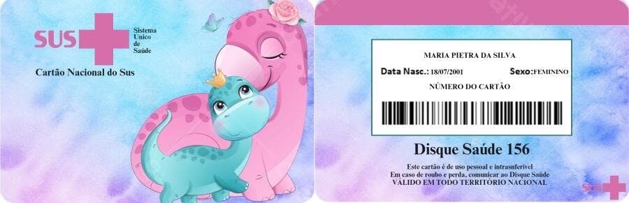 Cartão SUS Infantil com Dinossauros Rosa e Azul Editável no Canva