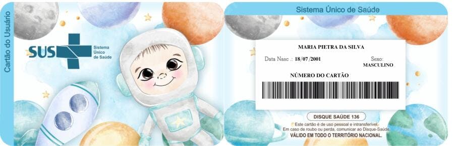 Cartão SUS infantil espacial aquarela Editável no Canva
