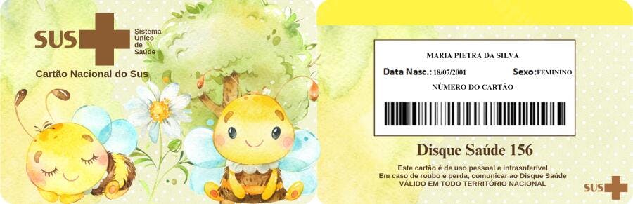 Cartão SUS infantil com abelhas Editável no Canva