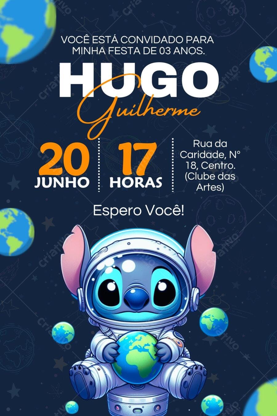 Convite de aniversário infantil tema espacial com Stitch Editável no Canva