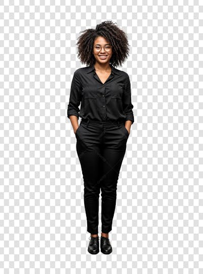 Mulher cacheada com mãos no bolso roupa preta PNG TRANSPARENTE