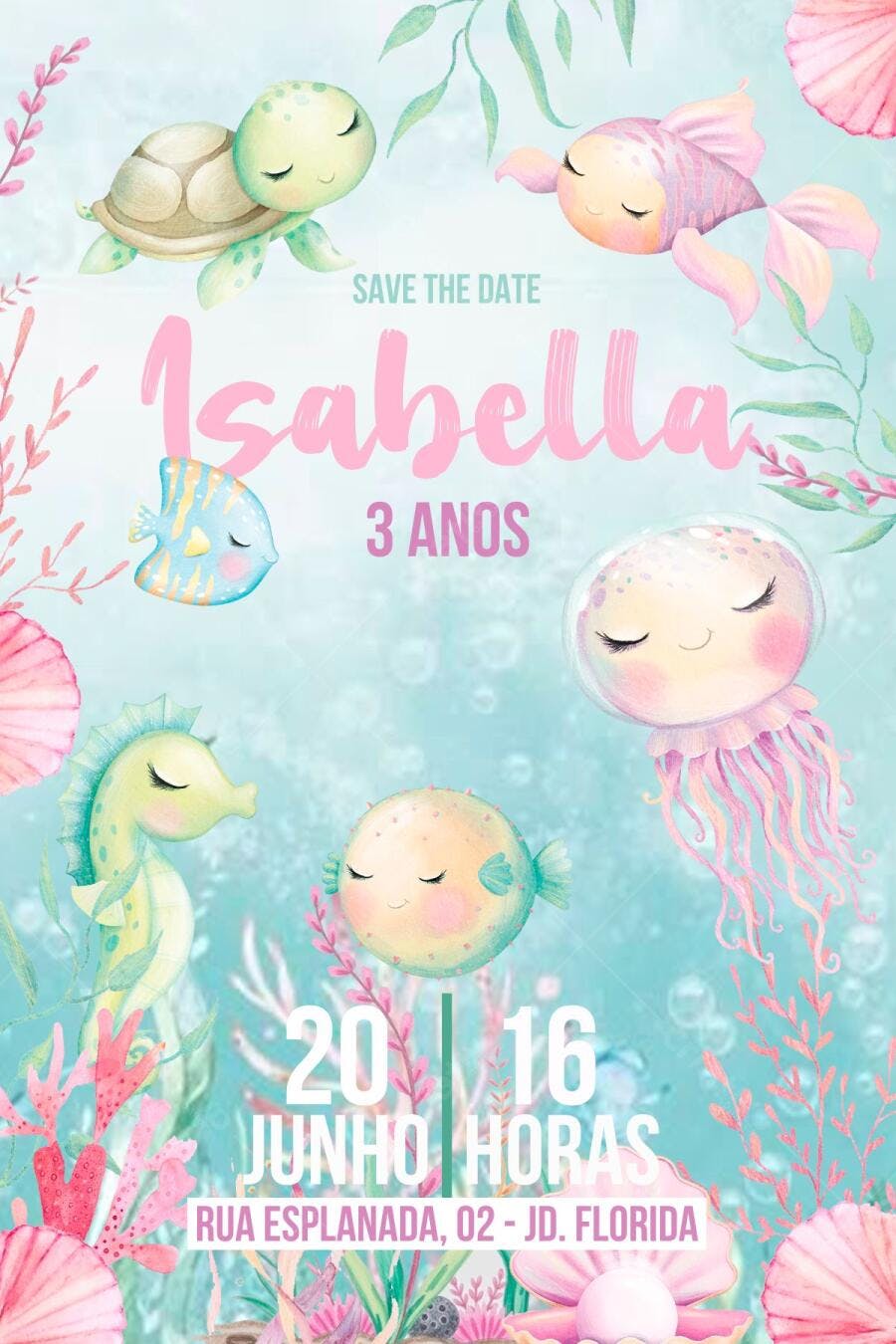 Convite de Aniversário Infantil Mundo Submarino Editável no Canva