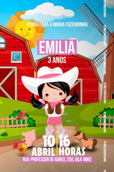 Convite de Aniversário Infantil de Fazendinha Menina Editável no Canva