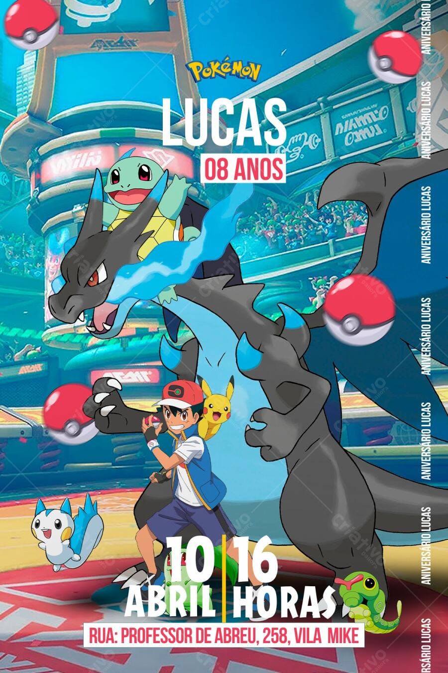 Convite de Aniversário Pokémon com Ash e Charizard Editável no Canva
