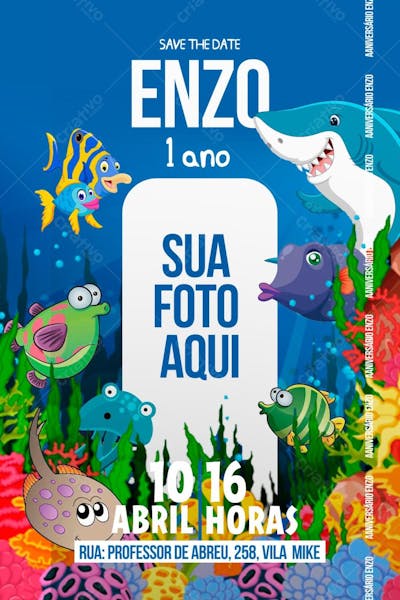 Convite de Aniversário Infantil Fundo do Mar Cartoon Editável no Canva