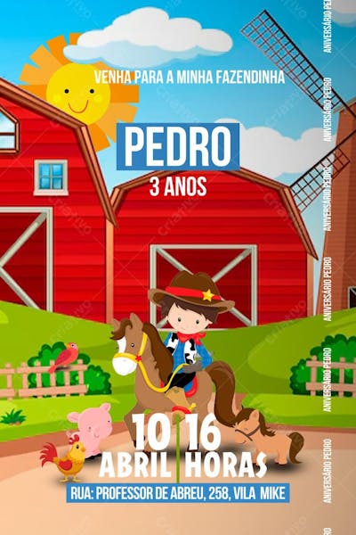 Convite de Aniversário Infantil de Fazendinha Menino Editável no Canva