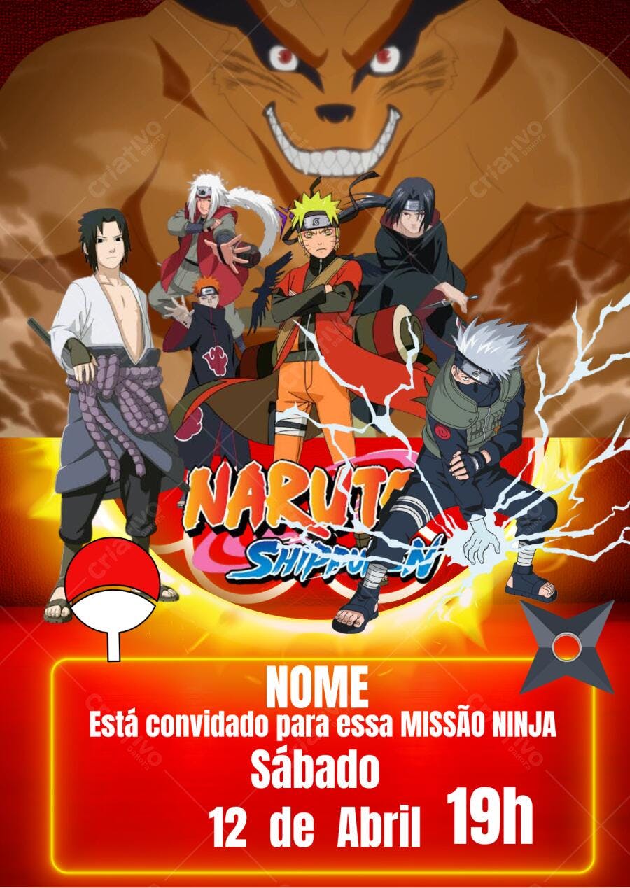 Convite Festa Naruto Shippuden Editável no Canva