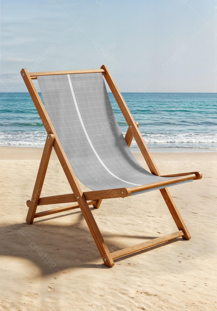 Mockup Cadeira de Praia em Madeira e Cinza na Areia