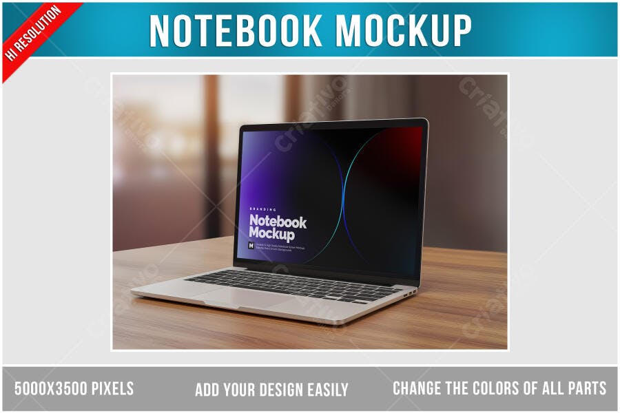 Mockup Notebook Moderno em Mesa de Madeira