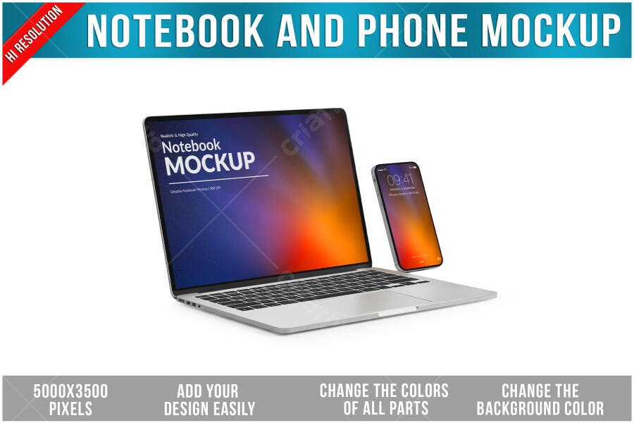 Mockup Realista: Notebook e Smartphone com Tela em Tons Quentes