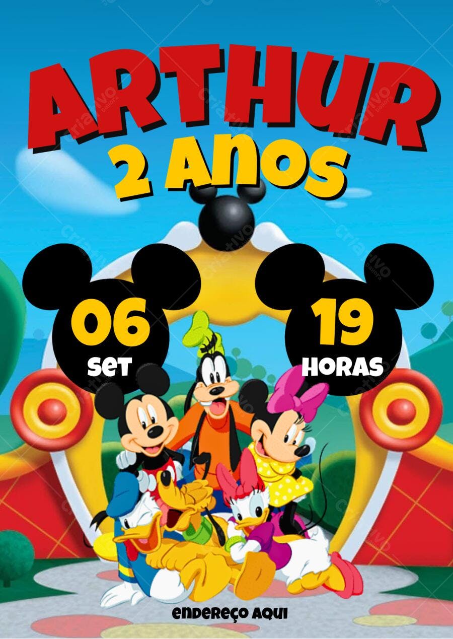 Convite de Aniversário Mickey e Amigos 2 Anos Editável no Canva