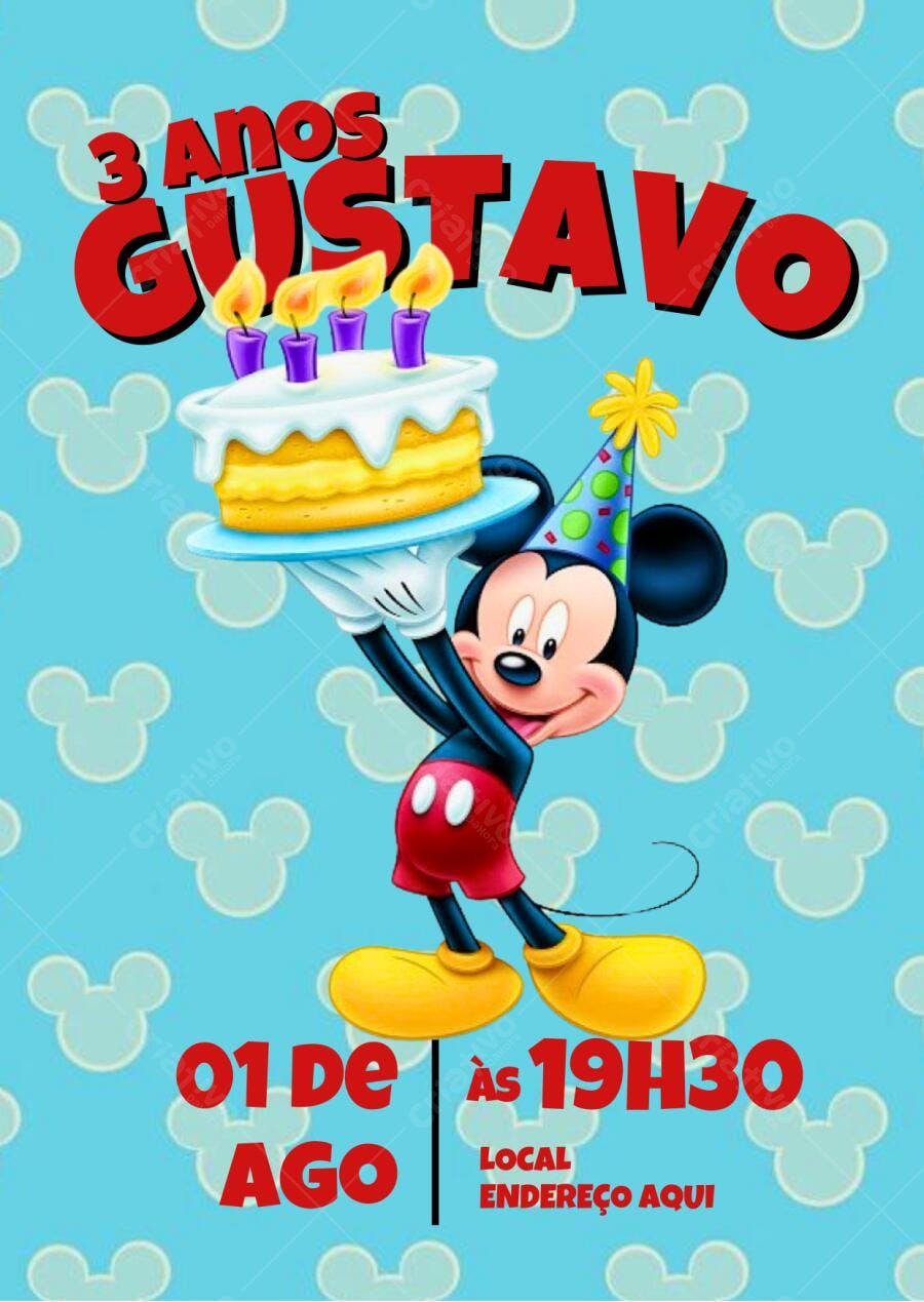 Convite de aniversário infantil Mickey Mouse azul e vermelho Editável no Canva