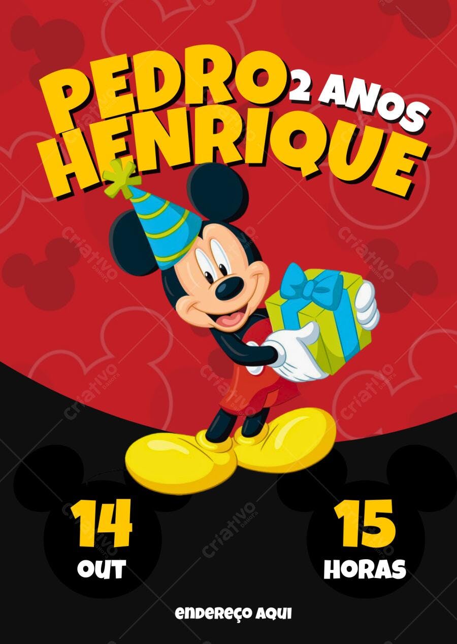 Convite de aniversário infantil Mickey Mouse vermelho e preto Editável no Canva