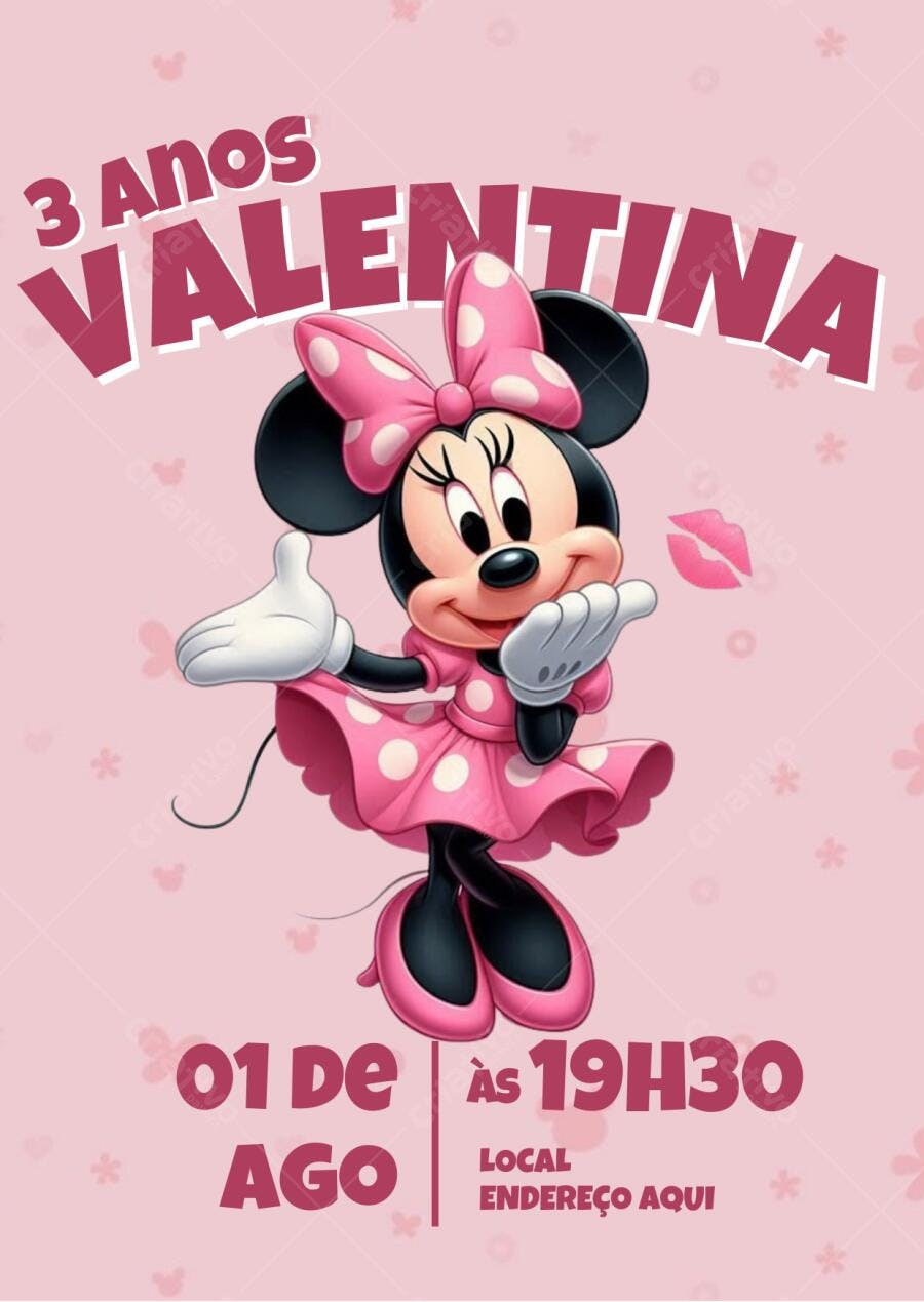 Convite de Aniversário Minnie Rosa e Branco Editável no Canva