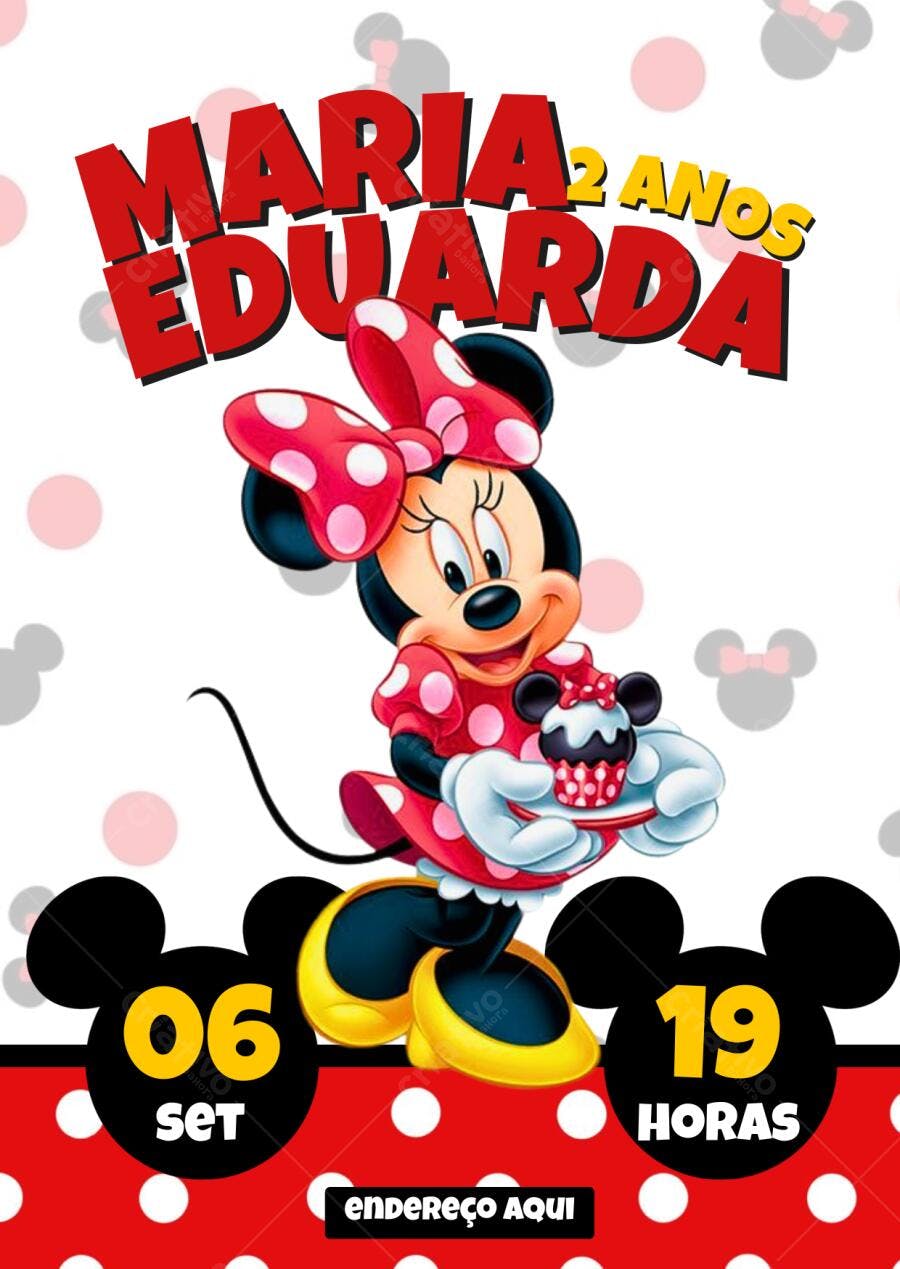 Convite Minnie Vermelho e Branco Festa Infantil Editável no Canva