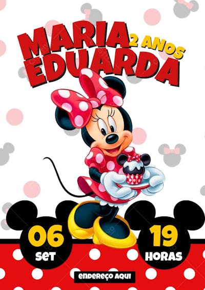 Convite de aniversário infantil Minnie com bolo
