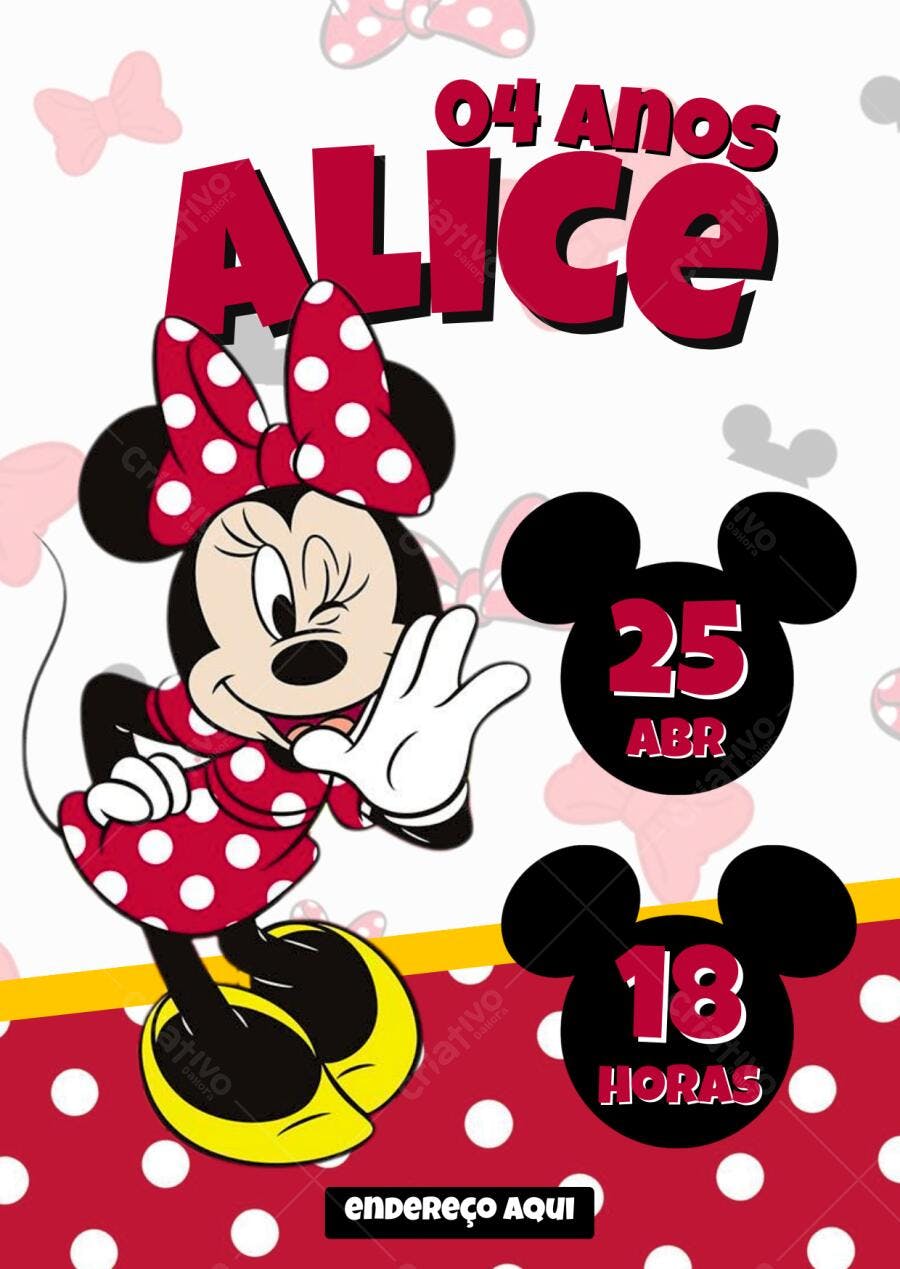 Convite Minnie Vermelho e Branco Festa Infantil Editável no Canva