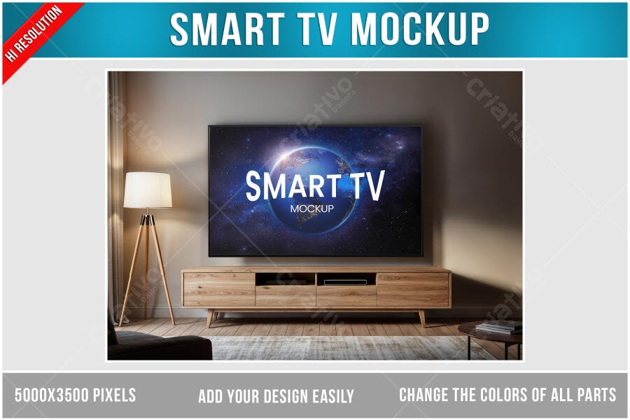 Mockup Smart TV em Sala Moderna com Detalhes em Madeira