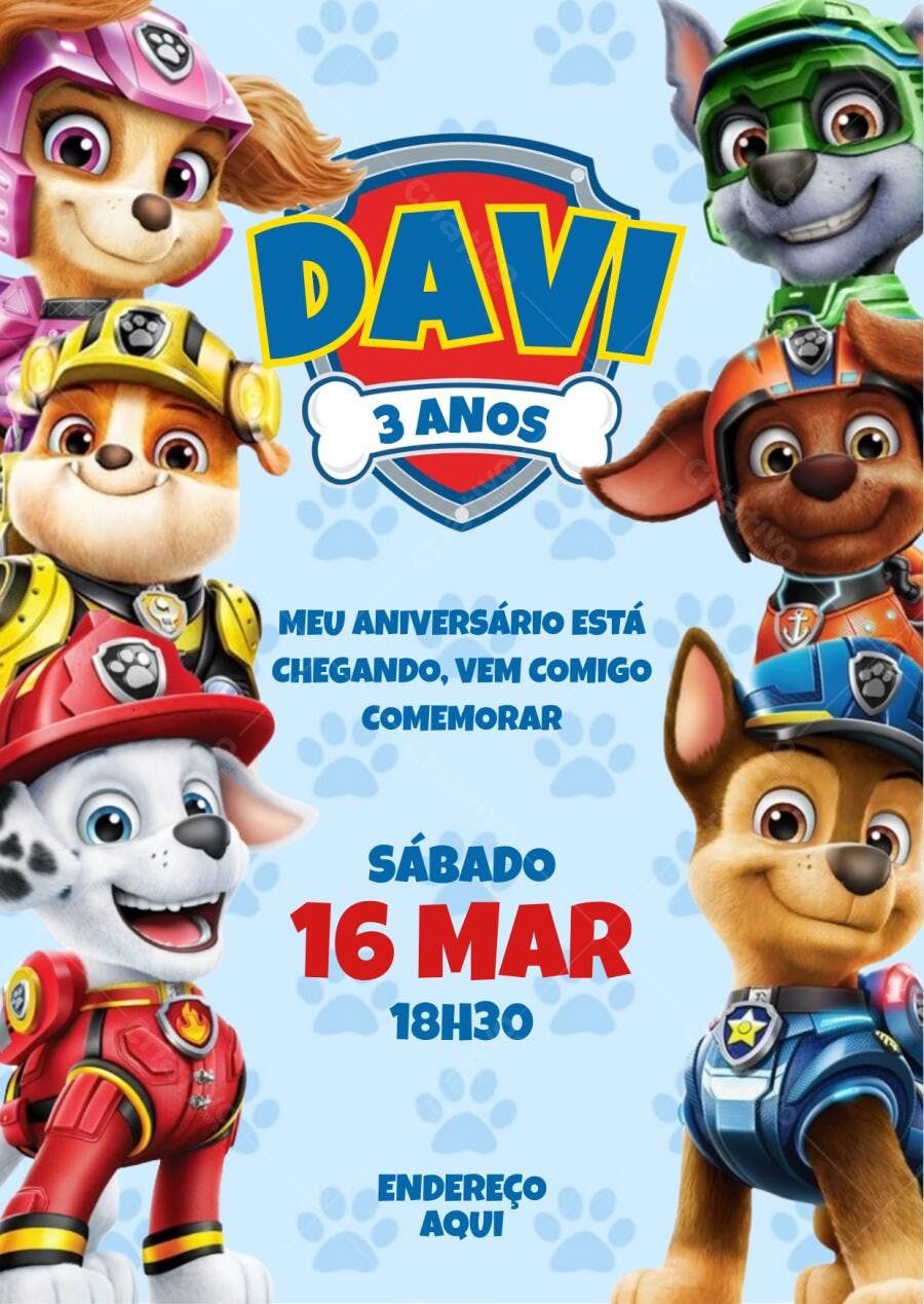 Convite de Aniversário Infantil Patrulha Canina Editável no Canva