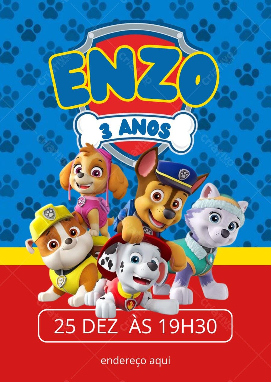 Convite de Aniversário Patrulha Canina Editável no Canva