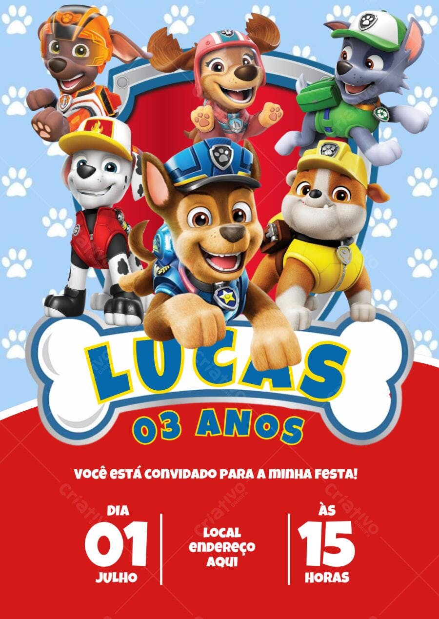 Convite de Aniversário Infantil Patrulha Canina Editável no Canva