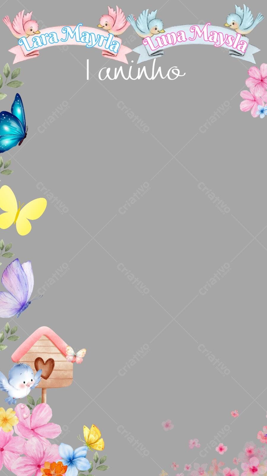 Convite Chá de Bebê com Passarinhos e Borboletas Editável no Canva
