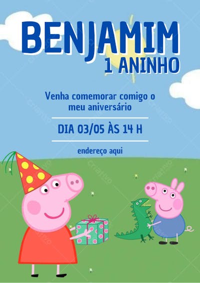 Convite de aniversário infantil Peppa  Pig vem comemorar