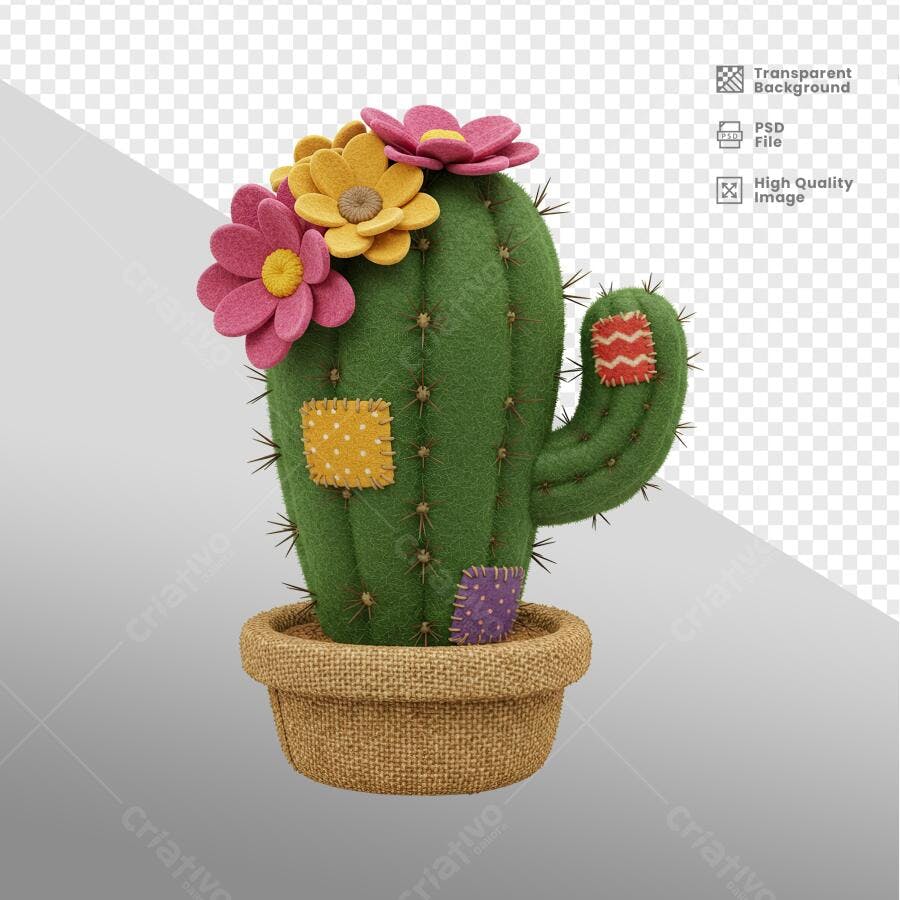 Ilustração de Cacto com Flores PSD Editável