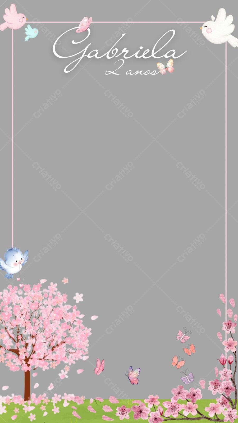 Convite de Aniversário Infantil Rosa e Cinza com Pássaros e Cerejeiras Editável no Canva